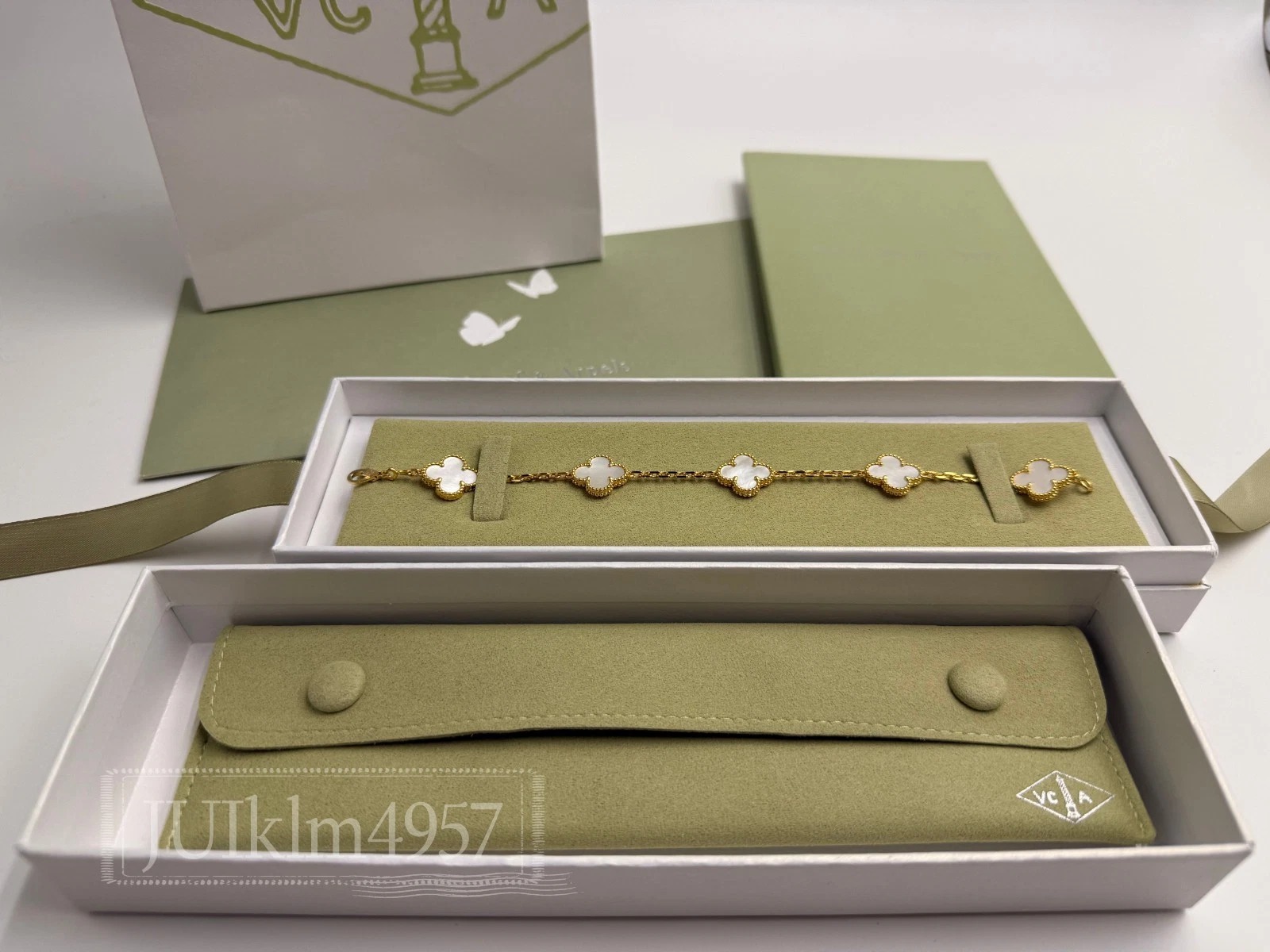 Auth Van Cleef & Arpels Vintage Alhambra 18K YG 5 Motif Mother of Pearl Bracelet