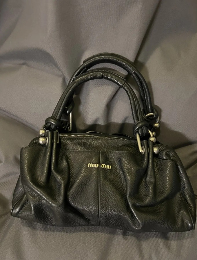  Authentic Miu Miu Leather Handbag black Metallic Ring Handles Shoulder Bag 