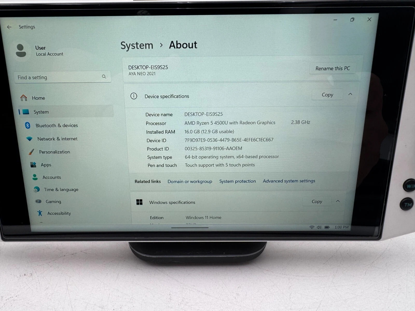 Ayaneo 2021 7" 1 TB SSD 16 GB RAM AMD Ryzen 5 4500U Windows 11 Home thumbnail 3