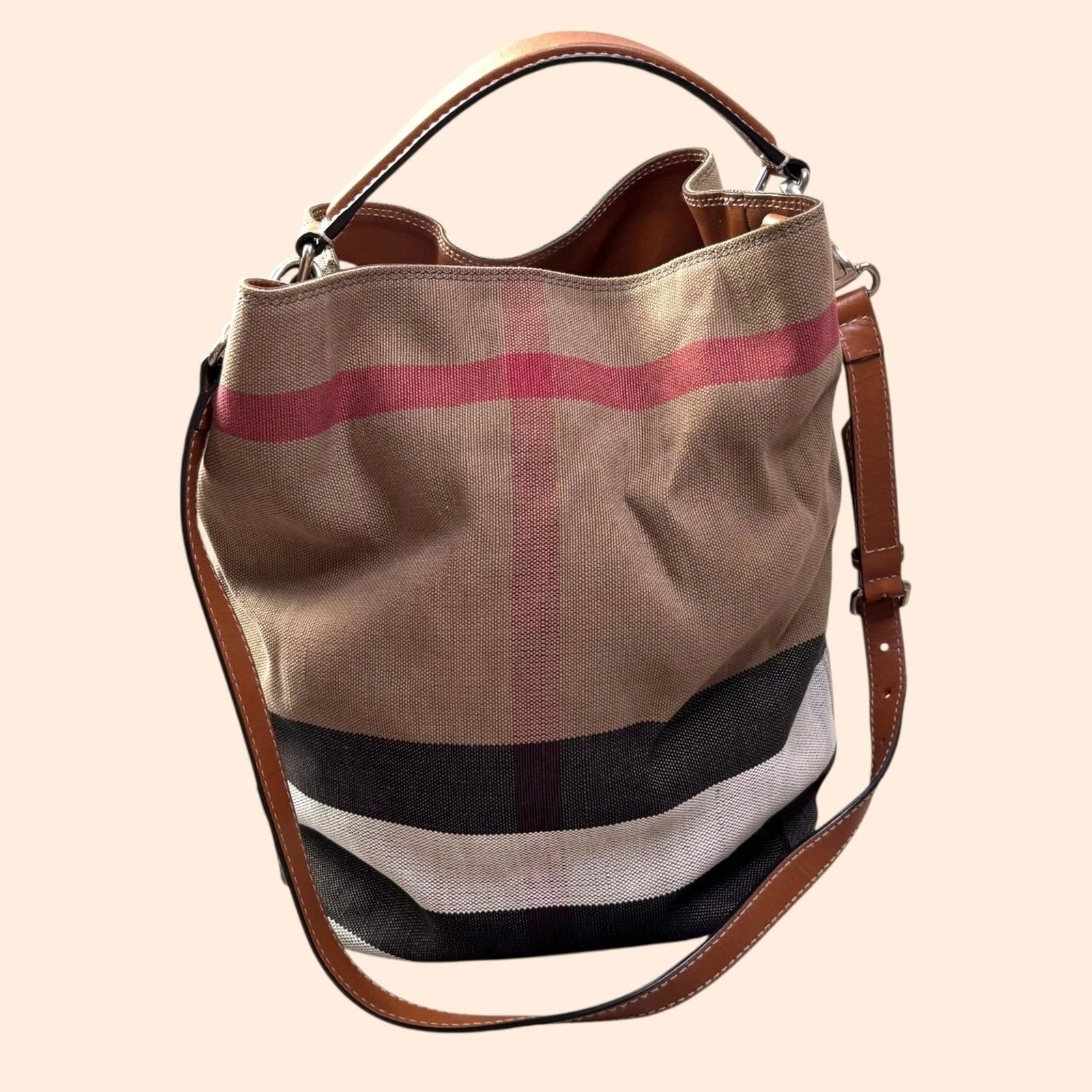 Burberry Check Canvas Bucket Bag – Beige Classic Nova Check – Vintage Shoulder Tote thumbnail 2
