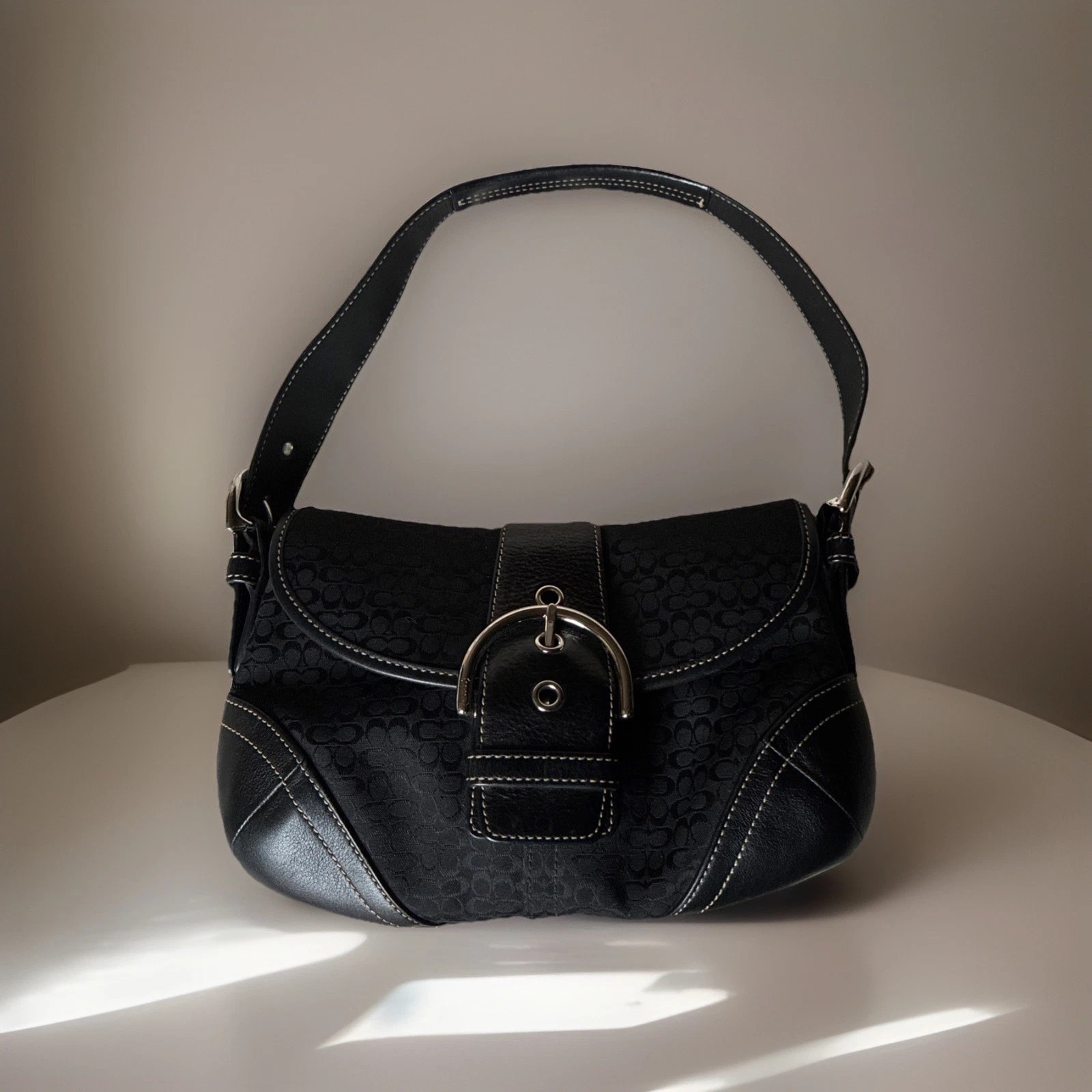 COACH 6818 Black Leather/Canvas Vintage Soho Hobo Signature C Buckle Flap Bag