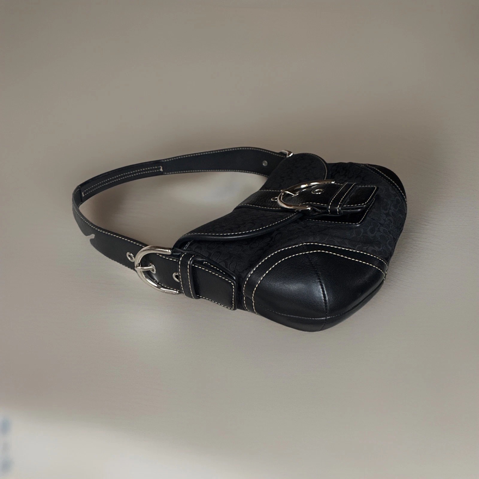 COACH 6818 Black Leather/Canvas Vintage Soho Hobo Signature C Buckle Flap Bag thumbnail 6