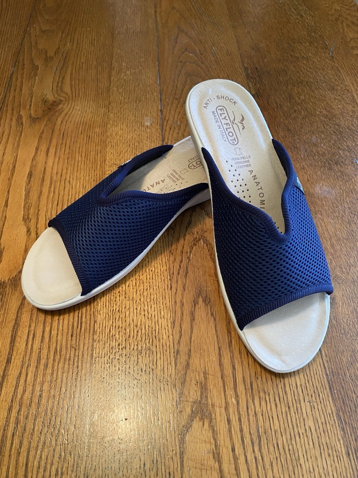 Fly Flot Women's Sandals, Size 38 US 7.5, Blue Mesh, Slip-On Wedge, Italy NWOT