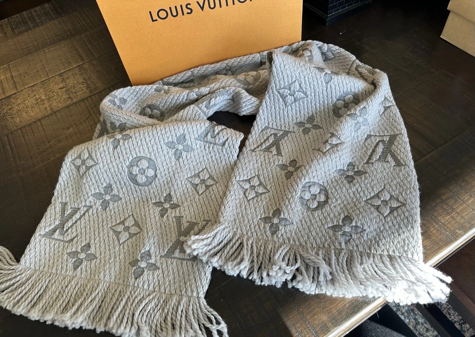 Louis Vuitton Grey Logo Scarf | Classic Monogram | Authentic Luxury thumbnail 1