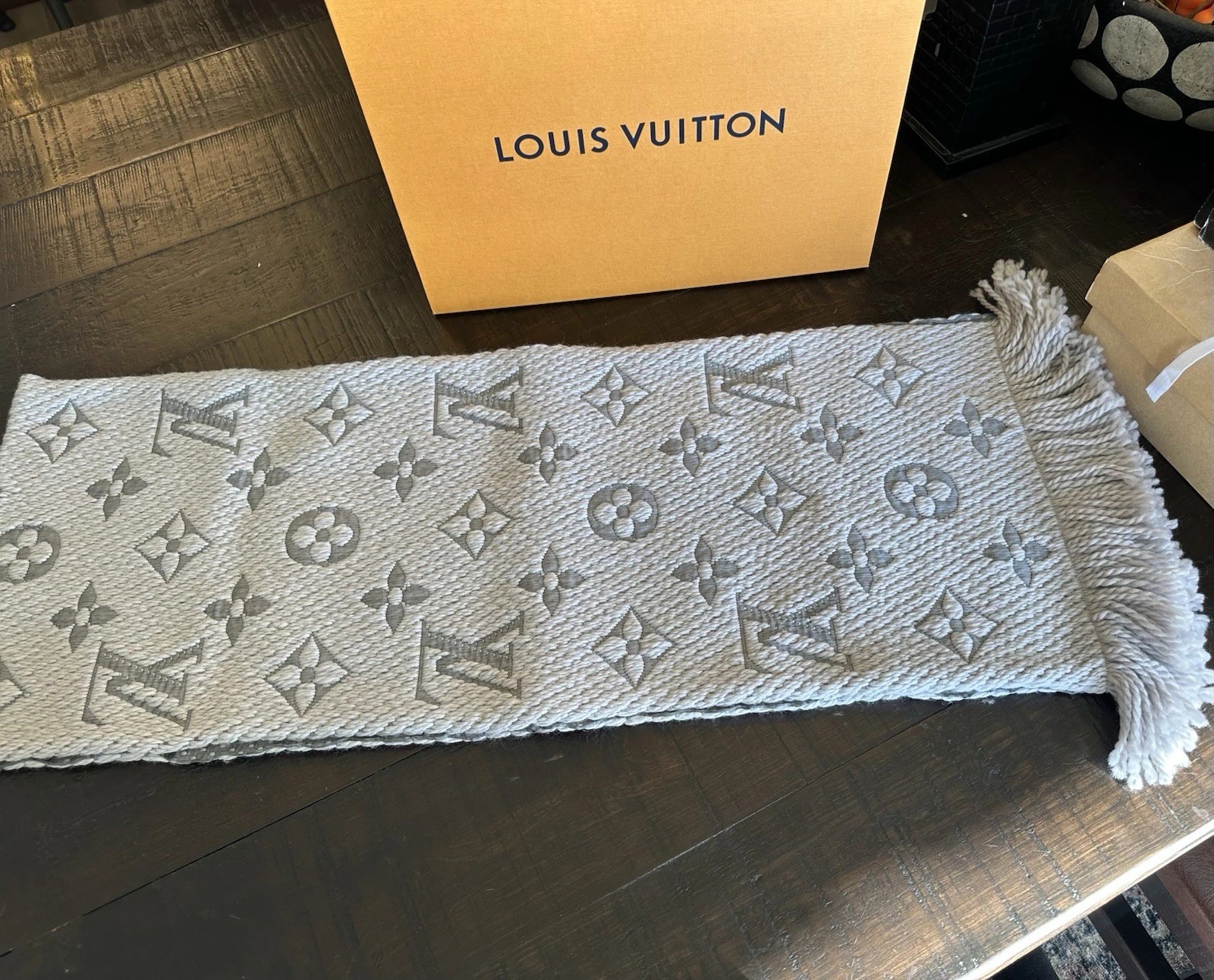 Louis Vuitton Grey Logo Scarf | Classic Monogram | Authentic Luxury thumbnail 10