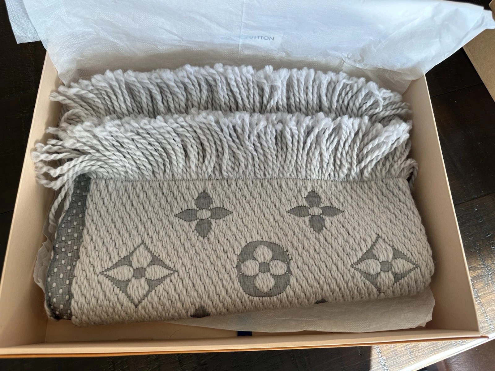 Louis Vuitton Grey Logo Scarf | Classic Monogram | Authentic Luxury thumbnail 6