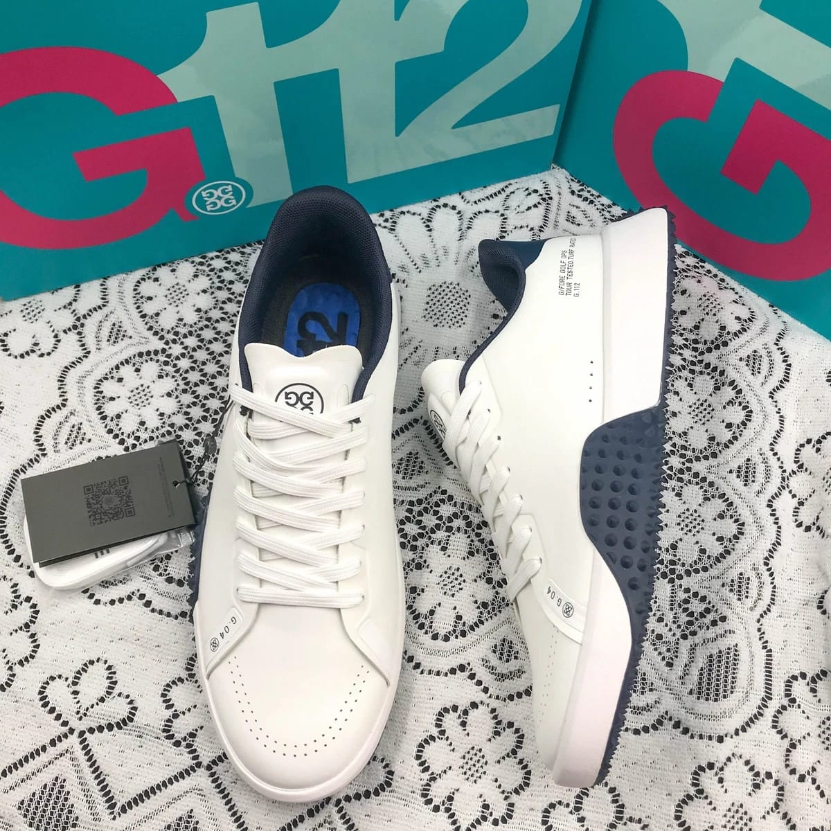 NEW G/FORE G.112 Men's Snow/Twilight Golf Shoes PU Leather White/Blue Sneakers thumbnail 7