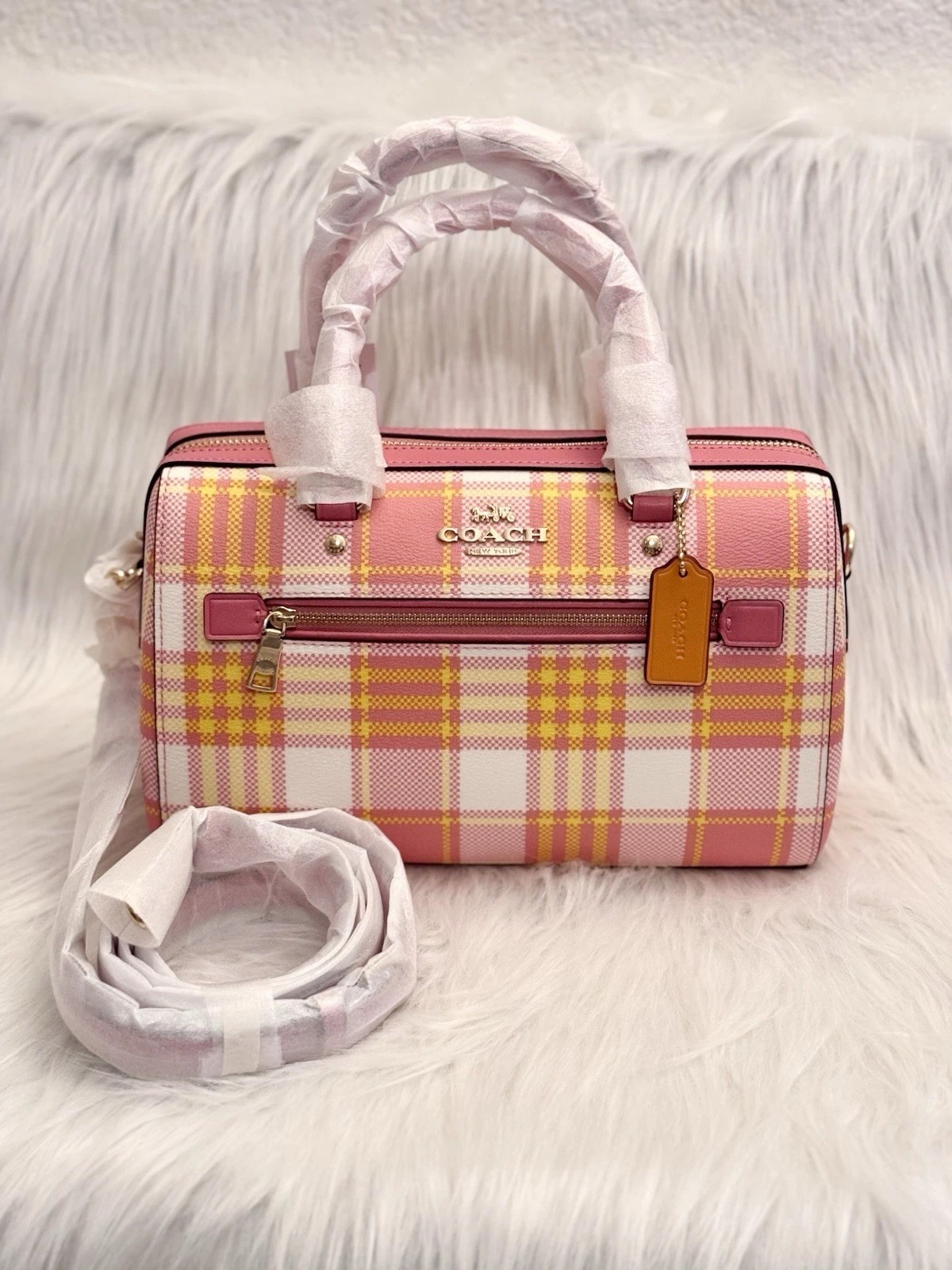 NWT COACH Rowan Satchel Bag With Garden Plaid Print C8593 Taffy MultiI