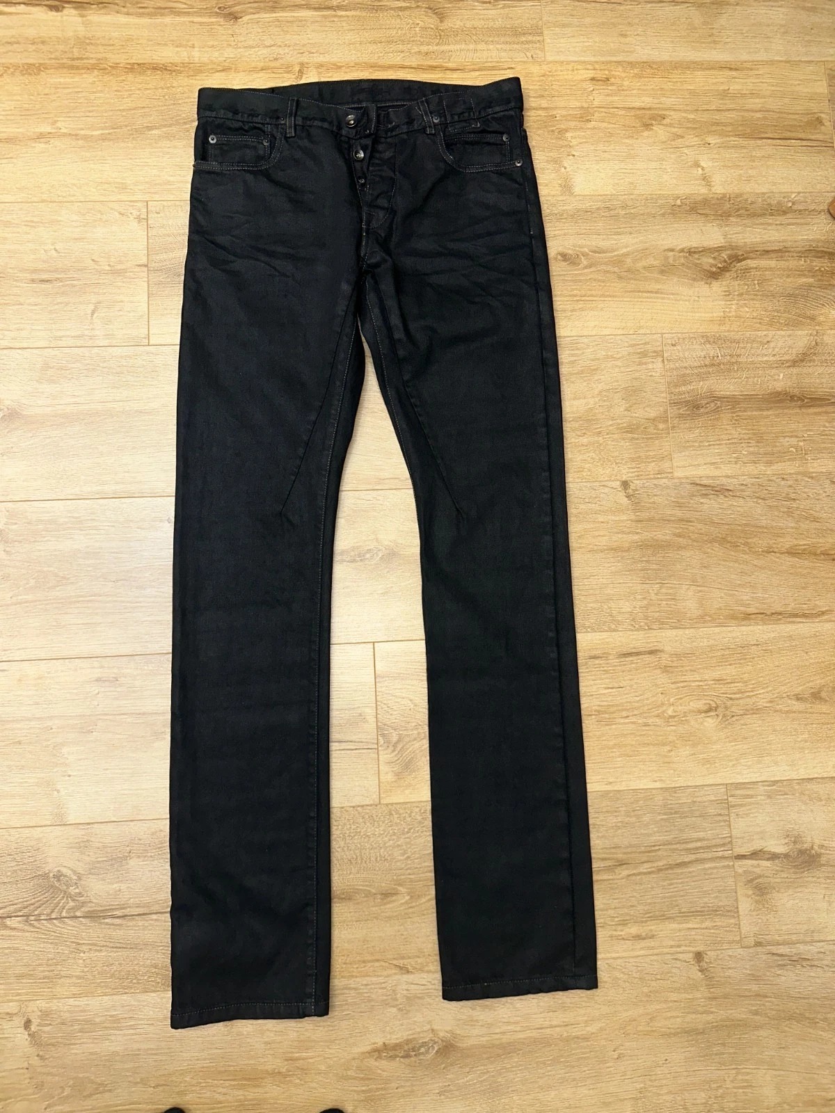 RICK OWENS DRKSHDW Black Coated Waxed Denim Jeans Slim Fit Long Cut Size 32 thumbnail 1