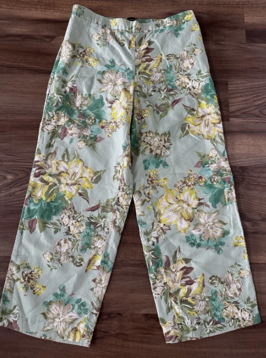 Talbots Pants 1X Green Floral Wide Leg Linen Blend Elastic Waist Tropical