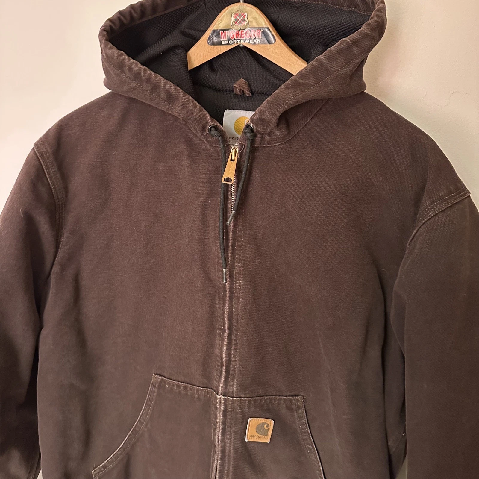 Vintage Medium Brown Canvas Hoodie Zip Up Carhartt Jacket Size M thumbnail 2