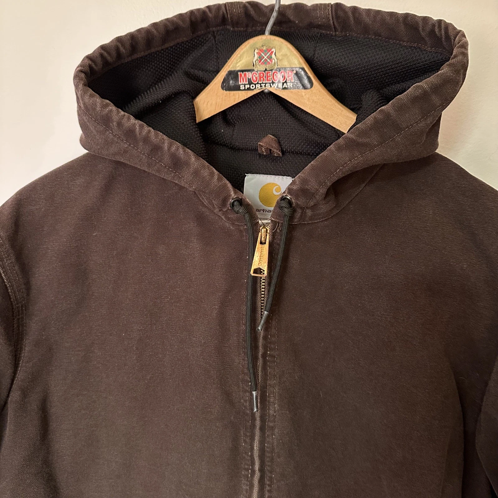 Vintage Medium Brown Canvas Hoodie Zip Up Carhartt Jacket Size M thumbnail 5