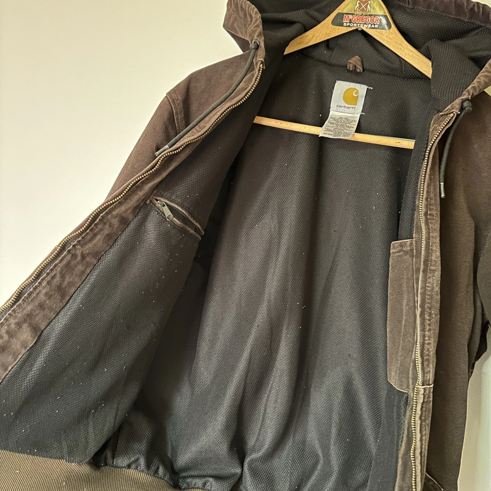 Vintage Medium Brown Canvas Hoodie Zip Up Carhartt Jacket Size M thumbnail 6